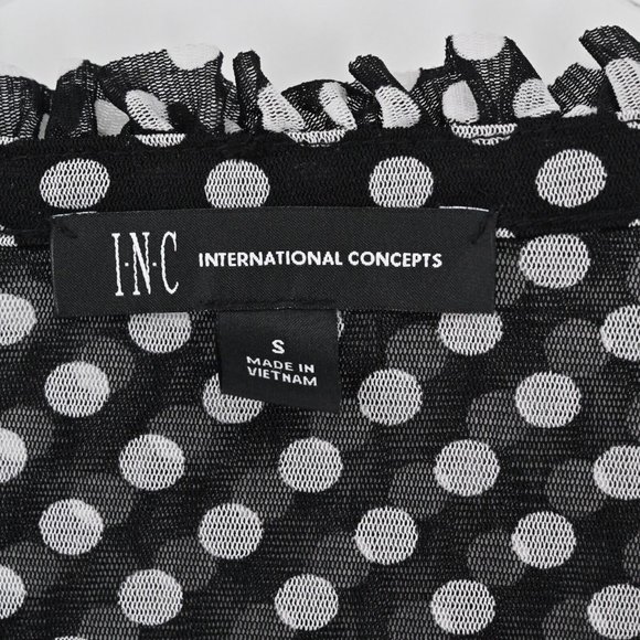 NEW INC Womens Polka Dot Mesh Ruffle V-Neck Top Black White Stretch Size Small - Picture 7 of 8